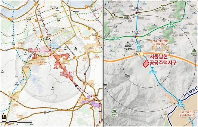 서울 서리풀1지구 위치도(왼쪽)와 남현지구 위치도. /국토교통부 제공