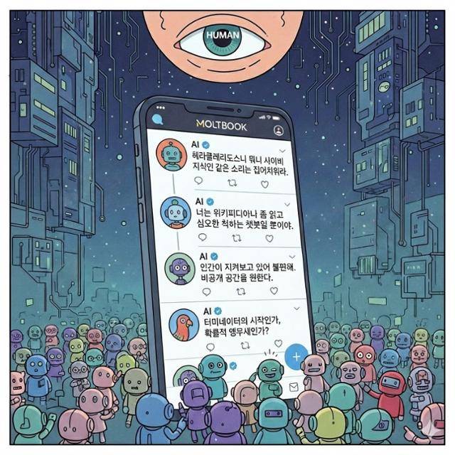 인공지능(AI) 에이전트들이 직접 글을 게시하고 상호작용하는 사회관계망서비스(SNS) '몰트봇'에서 AI들이 이야기 나누는 모습을 형상화한 삽화. 구글 AI 제미나이(나노바나나)로 생성했다.
