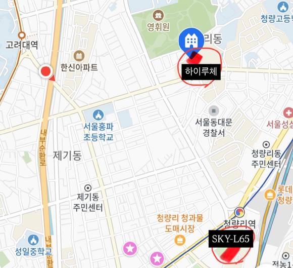 서울 동대문구 '롯데캐슬하이루체'와 '롯데캐슬SKY-L65'를 보여주는 카카오맵. [사진=김민지 기자]