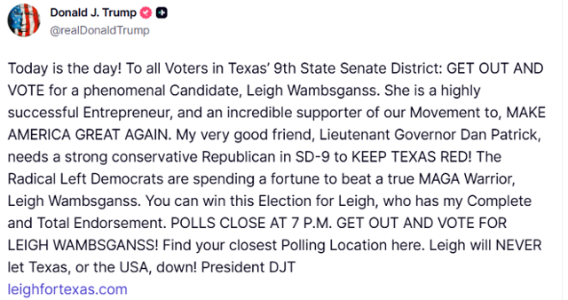텍사스주 9선거구 상원의원 보궐선거에서 공화당 후보 리 웜스갠스 후보 지지에 나선 도널드 트럼프 미국 대통령의 트루스소셜 게시글. 트루스소셜 캡처