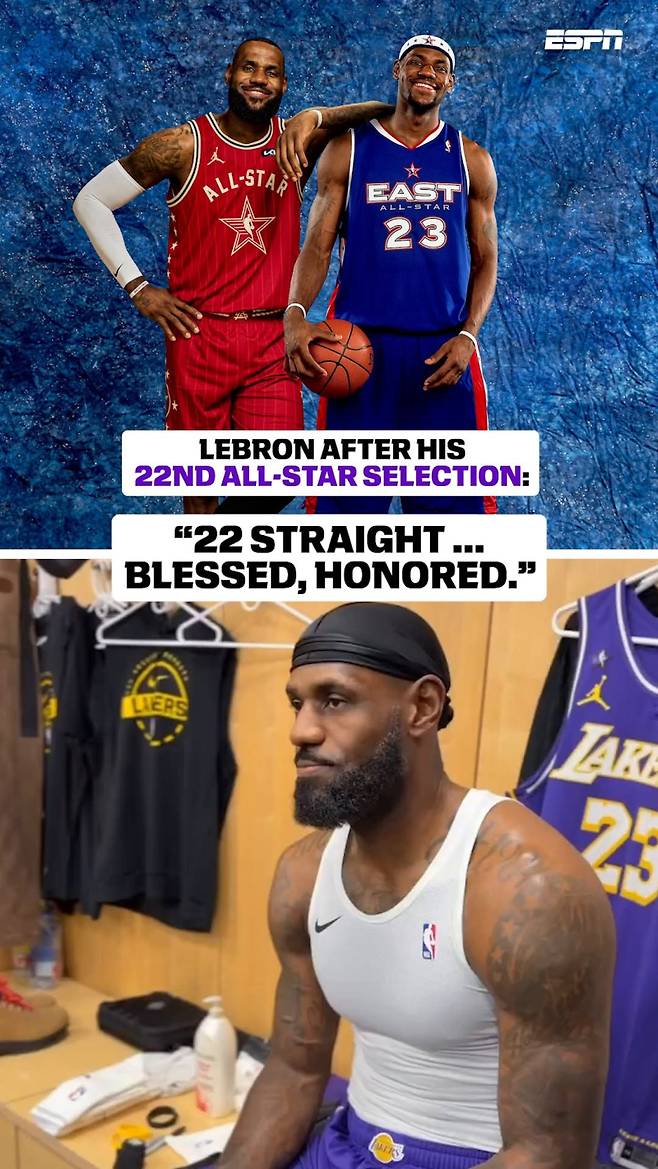 최근 22회 연속 올스타 선정 소감을 전하고 있는 레이커스 제임스. 사진=ESPN