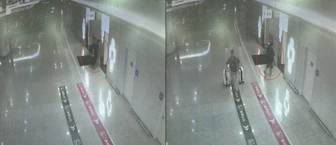 마약 운반책들이 인천국제공항 내 화장실에 들어가는 모습. 사진=부산지검