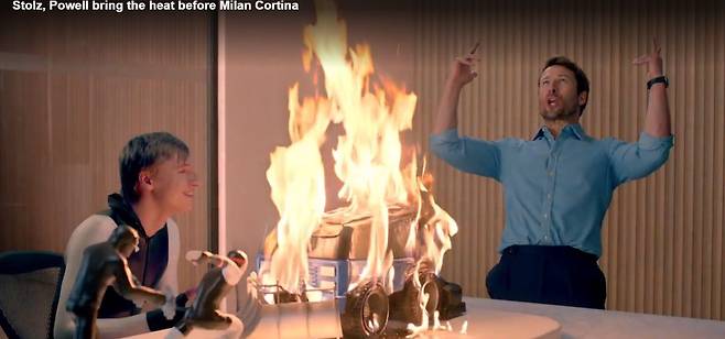 조던 스톨츠가 배우 글렌 파월과 NBC 밀라노올림픽 홍보 영상을 찍었다. 사진 NBC 캡처