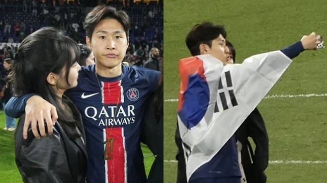 축구선수 이강인(25·파리 생제르맹)이 쿠프 드 프랑스(프랑스컵) 우승을 축하하는 자리에 여자친구 박상효씨를 데리고 나왔다. /사진=SNS 캡처