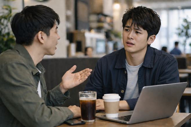 일본 거주 친구의 발언을 듣고 당황한 상황을 재현한 이미지. 월급 질문을 계기로 한일 비교 논쟁이 온라인에서 확산되고 있다. AI 생성 이미지