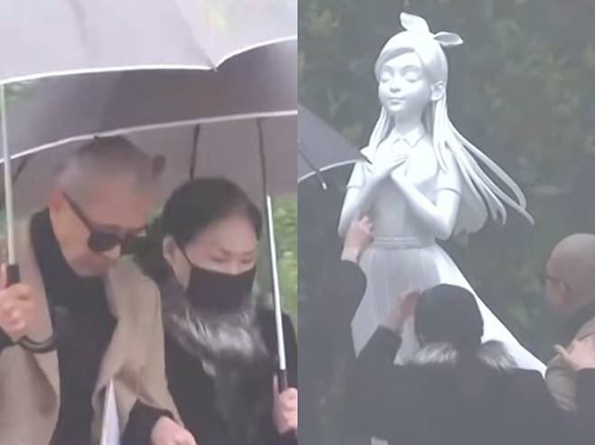 구준엽과 고 서희원의 모친(왼), 조각상 제막식에 참석한 구준엽과 가족들. 사진|대만 매체 EBC 유튜브 채널 캡처
