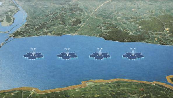 평택호 수상태양광 배치 조감도 예시(이는 사업에 대한 이해를 돕기 위한 일반적인 시각 자료이며, 실제 최종 확정된 디자인과는 다를 수 있음). /한국농어촌공사 제공