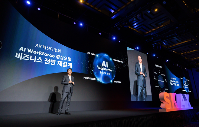 SK AX가 개최한 &nbsp;'IMAGINE AX 2025'. SK AX 윤풍영 사장이 기조 발표를 하고 있다. (사진=SK AX)