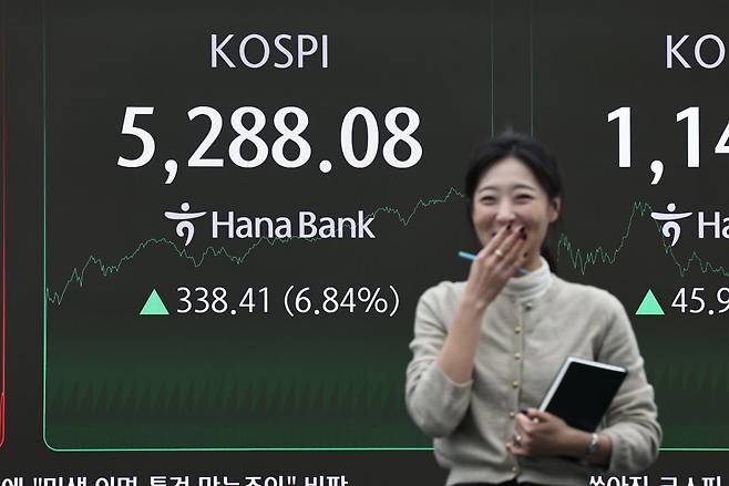 3일 오후 서울 중구 하나은행 딜링룸에 코스피 지수가 나타나고 있다. 이날 코스피지수는 전일대비 338.41포인트(6.84%) 상승한 5,288.08로 장을 마감했다.뉴스1
