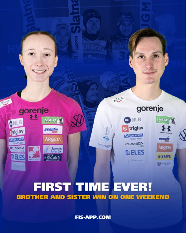 스키점프 월드컵에서 같은 주에 동시 우승을 차지한 프레브츠 남매. 사진=FIS SNS