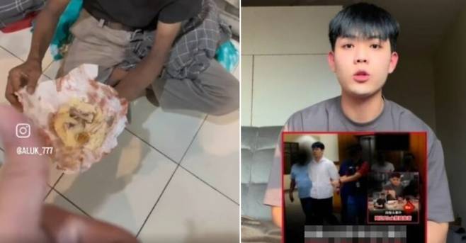 말레이시아 한 인플루언서가 노숙인에게 먹다 남은 닭뼈를 건네는 장면을 영상으로 촬영 및 유포했다가 1000만원이 넘는 벌금을 내게 됐다. /사진=싱가포르 매체 '더 스트레이츠 타임스' 갈무리
