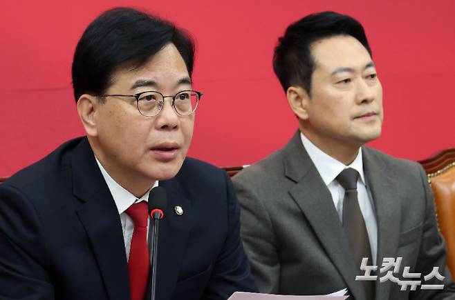 국민의힘 송언석 원내대표가 29일 국회에서 열린 최고위원회의에 참석해 발언하고 있다. 황진환 기자