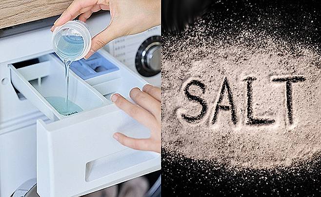 세탁기 세제 투입구에 세제를 넣는 사진(왼쪽)과 소금 사진. 게티이미지뱅크