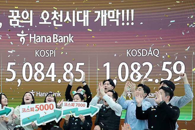 종가 기준 코스피 지수가 5000선, 코스닥이 1000선을 동시에 돌파한 1월27일 서울 중구 하나은행 딜링룸에서 직원들이 기념 세리머니를 하고 있다. ⓒ연합뉴스