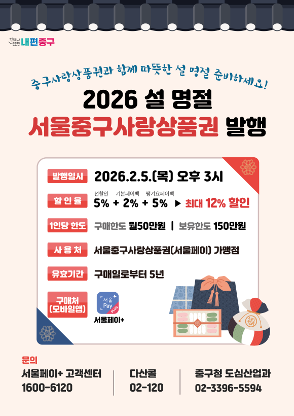 설 맞이 서울중구사랑상품권 발행 포스터. /중구