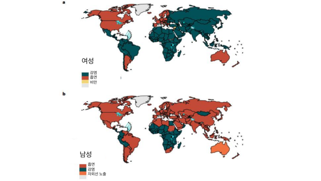 修正可能ながんの危険因子を性別ごとに示した世界地図。女性の主な原因は感染症、男性の主な原因は喫煙でした。自然医学