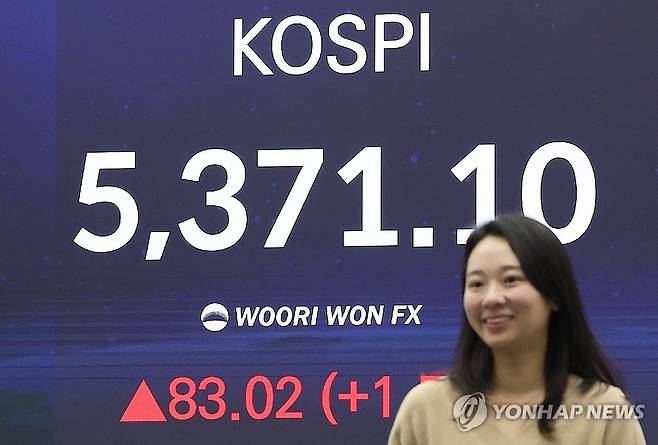최고치 다시 경신한 코스피 (서울=연합뉴스) 김성민 기자 = 4일 오후 서울 중구 우리은행 딜링룸 현황판에 코스피 지수가 표시돼 있다.
    이날 코스피는 전 거래일보다 83.02포인트(1.57%) 오른 5,371.10으로 마감했다. 2026.2.4 ksm7976@yna.co.kr