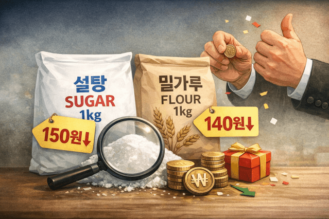 설탕, 밀가루 가격 인하 관련 생성 이미지. 가정용 설탕 및 밀가루 1kg 제품 기준 150원 남짓 인하된다. (생성=챗GPT))