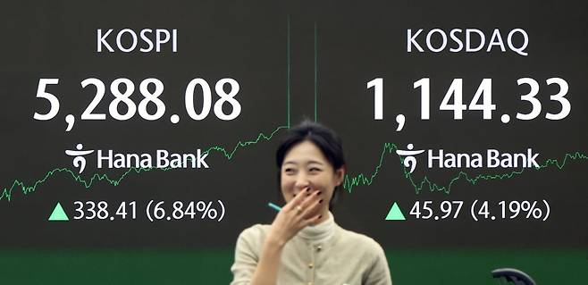 3일 오후 서울 중구 하나은행 딜링룸에 코스피 지수가 나타나고 있다. 이날 코스피지수는 전일대비 338.41포인트(6.84%) 상승한 5,288.08로 장을 마감했다./2026.2.3. 김범준 기자