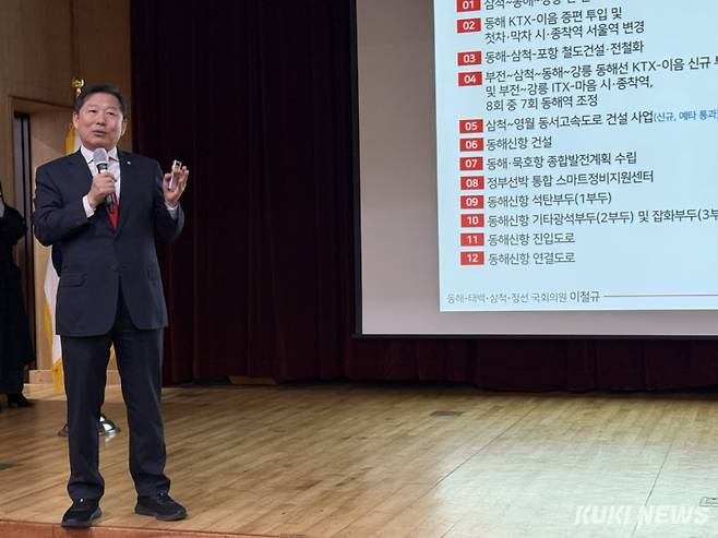 5일 동해시 평생학습관 대강당에서 열린 의정보고회에서 이철규 국회의원이 시민들에게 동해 지역 주요 국비 성과와 현안에 대해 설명하고 있다.