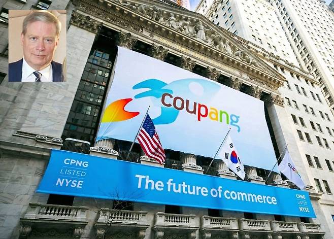 억만장자 투자자 스탠리 드러켄밀러(작은 사진)가 쿠팡에 대규모 투자를 해온 것으로 나타났다. 사진은 2021년 3월 11일(현지 시간) 쿠팡의  미국&nbsp;뉴욕증권거래소(NYSE)&nbsp;상장을 앞두고 거래소 외벽에 쿠팡 현수막이 걸려 있는 모습. 뉴시스