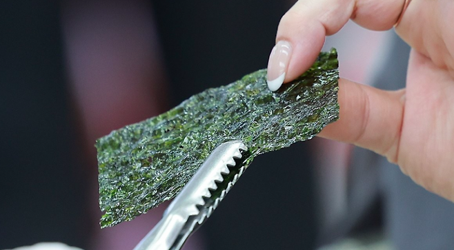 서울 시내 한 대형마트를 찾은 외국인 관광객이 김을 시식하는 모습. 연합뉴스