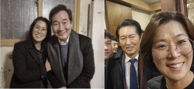 이진련 전 대구 시의원이 이낙연 전 민주당 대표, 정청래 민주당 대표와 함께 있는 모습의 편집 사진. 정청래 대표는 최근 그를 민주연구원 부원장으로 임명했다가 당내 친명계 의원들이 반발로 6일 임명을 보류했다. /소셜미디어