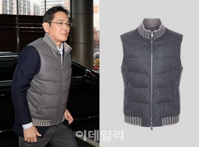 이재용 삼성전자 회장이 지난 2024년 2월 서울김포비즈니스항공센터를 통해 UAE 출장을 떠나고 있다. 오른쪽은 이 회장이 착용한 란스미어 골프 캐시미어 그레이 패딩조끼 제품 (사진=연합뉴스·브랜드 상품 판매페이지 캡처)