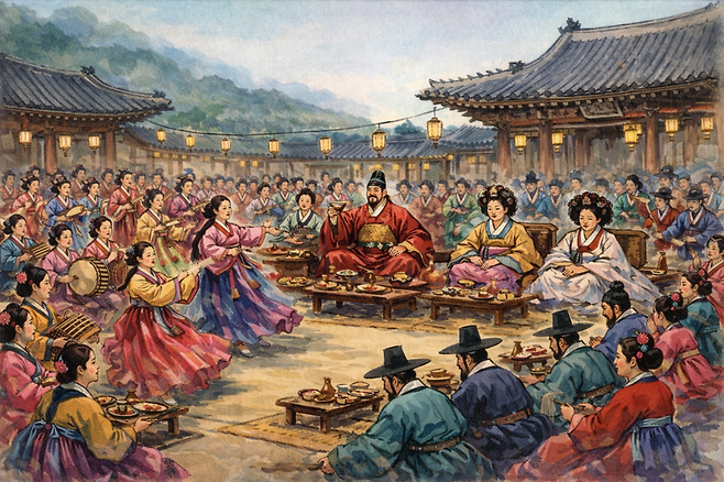 연산군은 모친의 시해에 대한 복수심과 적개심을 흥청(興淸)에 기대어 음주가무에 몰두하며 잊고자 했다. 그러나 억울함과 분노는 여전했고, 결국 국정은 흥청망청하게 되었다. 챗GPT에 의한 AI생성 이미지.