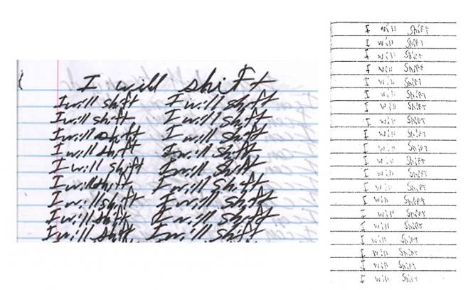 AI챗봇 과다 사용 후 자살한 미국의 13세 소녀 줄리아나 페랄타와 13세 소년 슈얼 세저의 일기장. 두 일기장에서 "I will shift"라는 똑같은 문장이 발견됐다. 가상 세계의 이동을 뜻하는 것으로 추측된다. 페랄타 유족의 법률대리인 제공