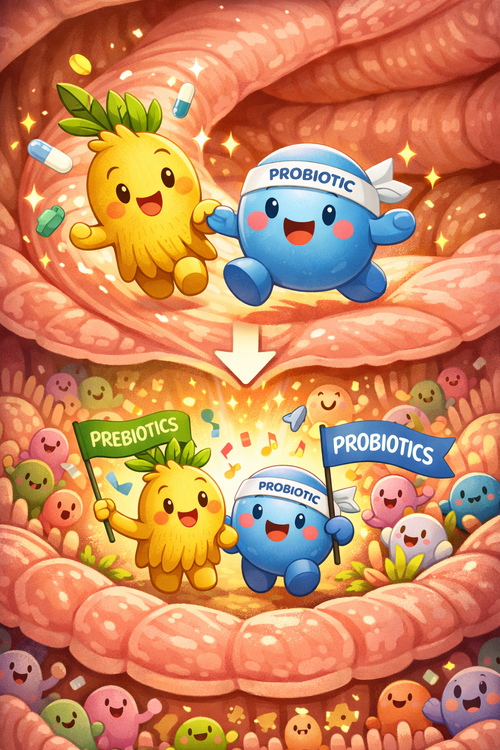 프로바이오틱스와 프리바이오틱스가 사이좋게 장까지 여행하는 모습을 생성 AI가 그린 이미지. 실제로는 프리바이오틱스가 유산균의 먹이가 된다. [챗GPT]