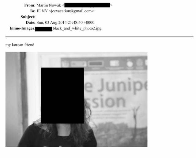 ▲앱스타인에게 보내진 이메일에 한국인 여성 사진이 실렸다.