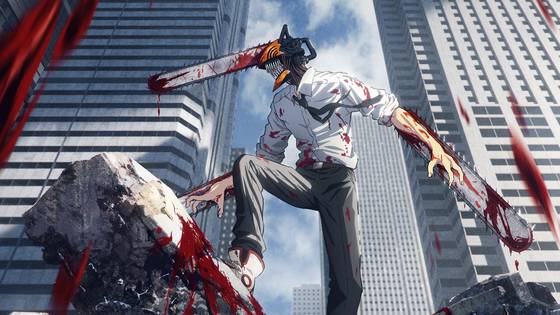 후지모토 타츠키의 만화를 원작으로 하는 애니메이션 '체인소 맨'의 한 장면. 가난에 허덕이던 주인공 덴지가 악마 포치타와 계약으로 '체인소 맨'(사진)이 되는 능력을 가지며 벌어지는 이야기다. 이 시리즈 중 하나인 영화 '극장판 체인소 맨: 레제편'은 한국에서 누적 관객 수 300만 명을 넘겼다. 사진 TV TOKYO