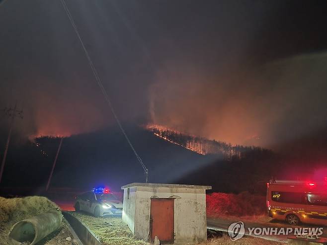 경주 문무대왕면 산불 (경주=연합뉴스) 지난 7일 오후 9시 40분께 경북 경주시 문무대왕면 입천리 야산에서 산불이 발생해 소방 당국이 진화작업을 이틀째 벌이고 있다. 2026.2.8 [경북소방안전본부 제공. 재판매 및 DB금지] photo@yna.co.kr