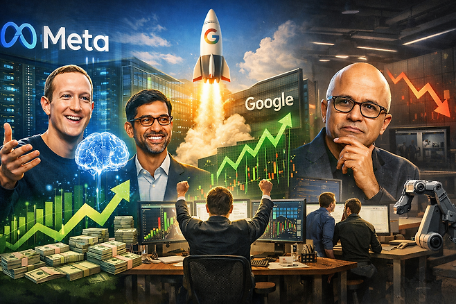 AI 투자에 따른 기업별 성과가 엇갈리는 흐름을 배경으로, 메타와 구글은 상승 곡선을, 마이크로소프트는 고민의 표정을 상징적으로 보여준다. 출처=챗GPT 생성