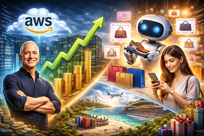 AWS의 성장 반등과 AI 쇼핑 에이전트가 이끄는 ‘에이전틱 커머스’, 그리고 여행 수요 확대 기대를 한 화면에 상징적으로 담아낸 일러스트. 출처=챗GPT 생