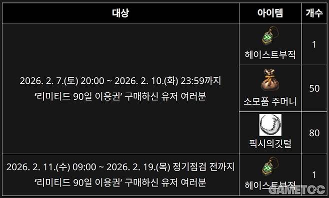 리미티드 90일 이용권 구매 보상 (사진=엔씨소프트 제공)