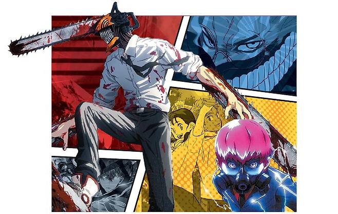 시계 방향으로 일본 애니 ‘체인소 맨’, 지난해 하반기 넷플릭스 최다 시청 애니 ‘단다단 시즌 2’, 지난달 공개된 티빙 애니 ‘테러맨’, 웹툰 원작 영화 ‘연의 편지’, 웹소설 원작의 국내 대형 IP ‘나 혼자만 레벨업’. [사진 TV TOKYO·넷플릭스·티빙·스튜디오 N·카카오페이지]