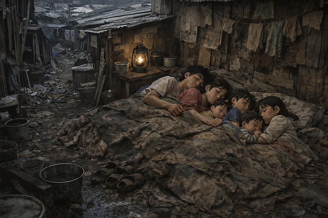 여섯 식구가 판자촌에 누워 자는 모습. [챗GPT를 통해 제작]