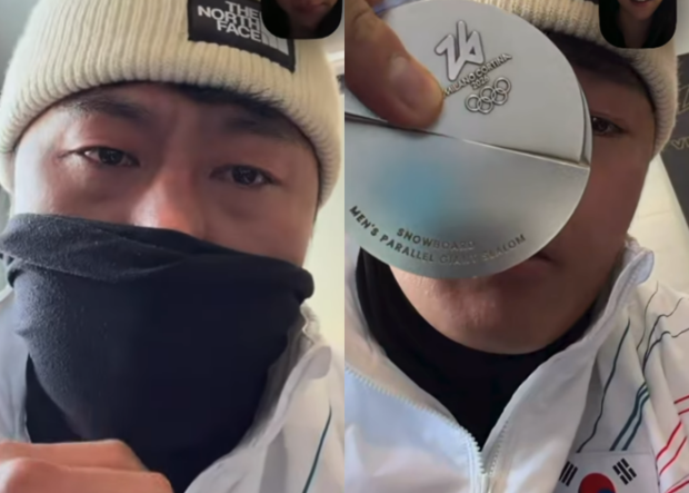 2026 밀라노·코르티나담페초 동계 올림픽에서 한국 선수단에 첫 메달을 선사한 스노보드 남자 평행대회전 은메달리스트 김상겸이 아내와의 영상통화 도중 눈물을 흘리고 있다. 사진=김상겸 선수 아내 인스타그램