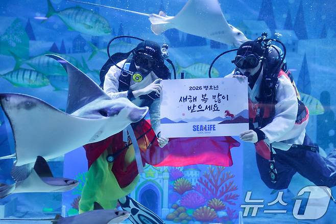 한복을 입은 스쿠버 다이버들이 설 연휴를 앞둔 10일 오전 서울 강남구 씨라이프 코엑스 아쿠아리움에서 새해 인사를 전하고 있다. 2026.2.10 ⓒ 뉴스1 안은나 기자
