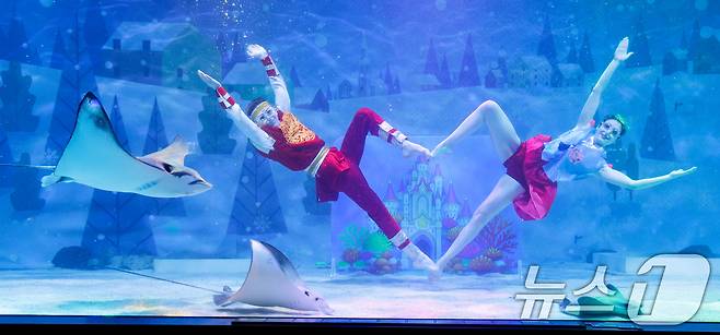 수중 공연자들이 설 연휴를 앞둔 10일 오전 서울 강남구 씨라이프 코엑스 아쿠아리움에서 '인어 왕자의 환상적인 생일 파티' 공연을 펼치고 있다. 2026.2.10 ⓒ 뉴스1 안은나 기자