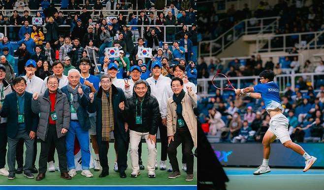 대한테니스협회 주원홍 회장을 비롯한 집행부와 정현 등 한국 대표팀 선수단이 아르헨티나를 꺾은 뒤 기쁨을 나누고 있다. 정현의 자신감 회복도 큰 성과로 꼽힌다. 대한테니스협회 제공
