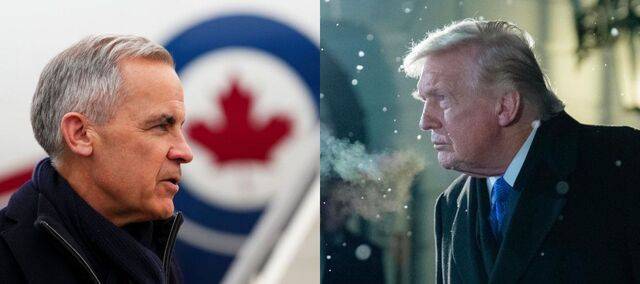 도널드 트럼프 미국 대통령이 9일(현지시간) 마크 카니(왼쪽) 캐나다 총리가 중국과 거래하고 있다며 미국 미시간주와 캐나다 온타리오주를 잇는 ‘고디 하우’ 국제대교 개통 차단 가능성을 언급했다. AP연합뉴스