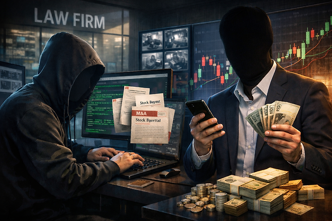 대형 로펌 전산망에 무단 접속하는 방법으로 미공개 정보를 빼내 주식 거래로 수십억원대 부당이득을 챙긴 직원들이 1심에서 실형을 선고받았다. [챗GPT로 제작]