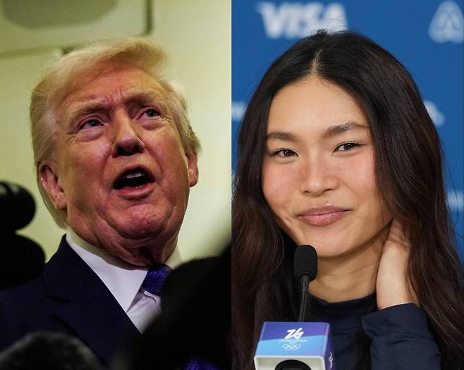 미국 스노보드 국가대표 클로이 김(사진 오른쪽)과 도널드 트럼프 대통령. 연합뉴스