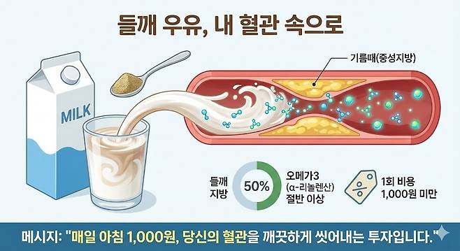 들깨 우유는 당신의 혈관을 깨끗하게 씻어낸다. 제미나이 생성 그래픽.