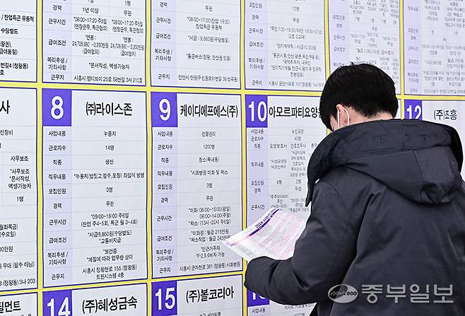 지난 2024년 11월 27일 시흥시 청년스테이션에서 열린 2024 시흥시 채용박람회를 찾은 한 구직자가 채용게시판을 살펴보고 있다. 임채운기자