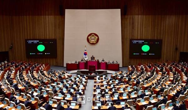 노란봉투법 시행이 한 달 앞으로 다가왔지만 시행령 최종안이 마련되지 않으면서 산업계의 혼란은 가라앉지 않고 있다. 사진은 국회 본회의장 모습./사진=미디어펜 김상문 기자