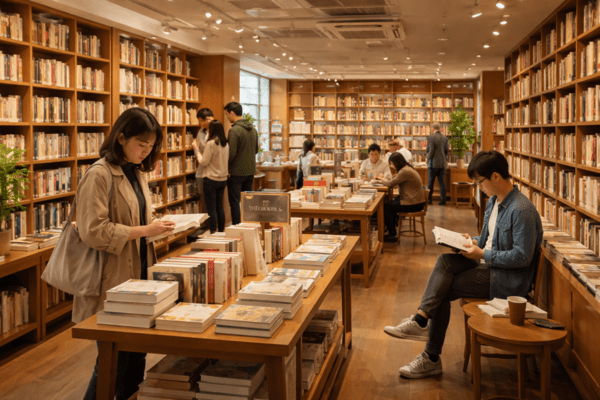 서점에서 책을 보고 있는 모습의 생성형 AI 이미지